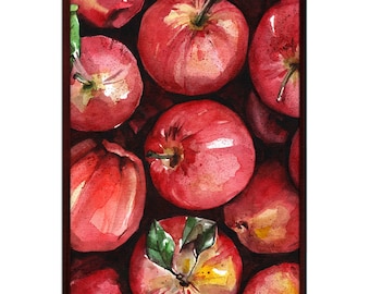 Red Apple Art Print Fruit Watercolor Painting Vegan Food Wall Art Moody Kitchen Wall Decor Farmhouse Dark Red Apple Poster by ArtPrintLeaf