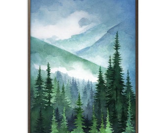 Mountain Forest Art Print Evergreen Trees Watercolor Painting Spruce Forest Poster Smoky Landscape Art Pine Trees Wall Decor by ArtPrintLeaf