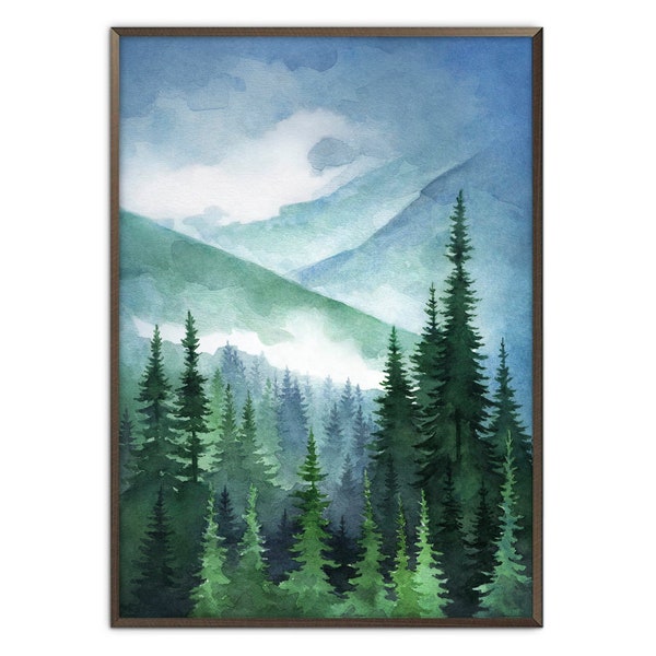 Mountain Forest Art Print Evergreen Trees Watercolor Painting Spruce Forest Poster Smoky Landscape Art Pine Trees Wall Decor by ArtPrintLeaf