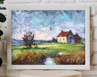 Pintura de paisaje Casa de techo rojo Ovejas Arte de pared de Valeriya S Espátula texturizada Arte de pradera Decoración vibrante del hogar campestre Impasto