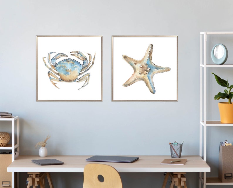 Sea Animal Set of 2 Prints Nautical Watercolor Painting Coastal Wall Art Neutral Beach House Poster Crab Print Starfish Art by ArtPrintLeaf image 3