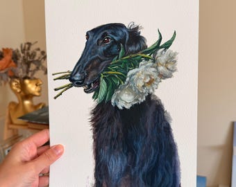Pintura de Borzoi Arte antiguo original Perro lobo Academia oscura Animal Renacimiento Arte victoriano Pequeño