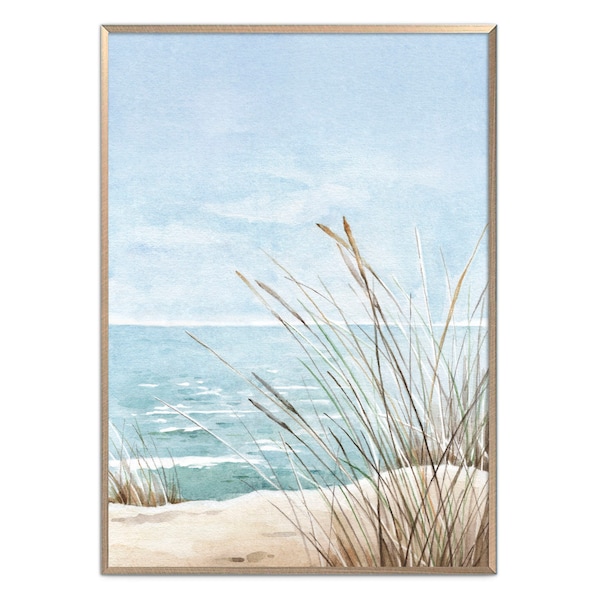 Coastal Landscape Art Print Sand Beach Watercolor Painting Neutral Seascape Wall Art Beige Poster Aqua Blue Green Wall Decor by ArtPrintLeaf