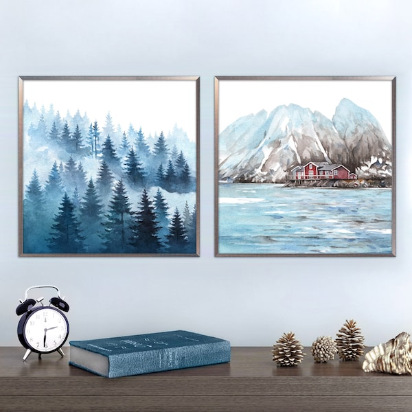 Winter Landscape Set of 2 Prints Mountain Forest Watercolor Painting Pine Trees Art Mountain Lake Art Print Nordic Wall Art by ArtPrintLeaf