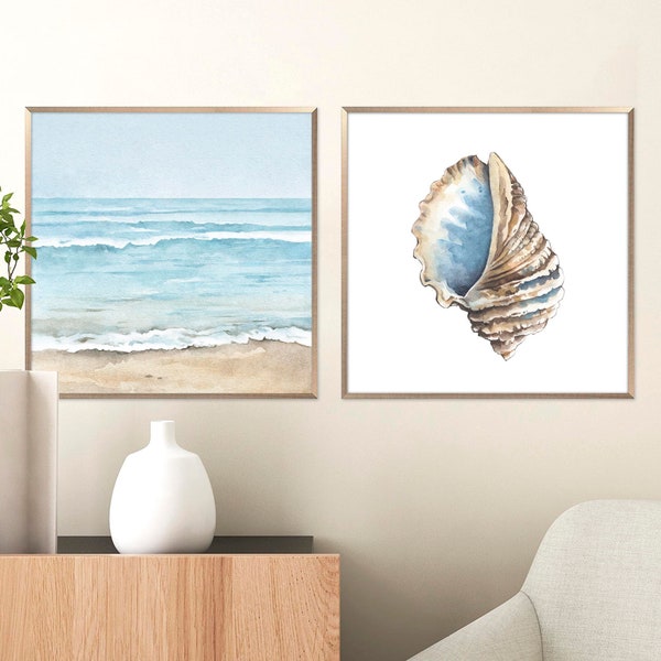 Coastal Art Print Beach Watercolor Painting Seaside Set of 2 Prints Beach House Decor Seashell Art Neutral Seascape Wall Art by ArtPrintLeaf