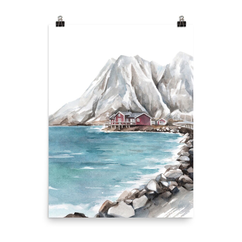 Norway Landscape Art Print Mountain Lake Watercolor Painting Nordic