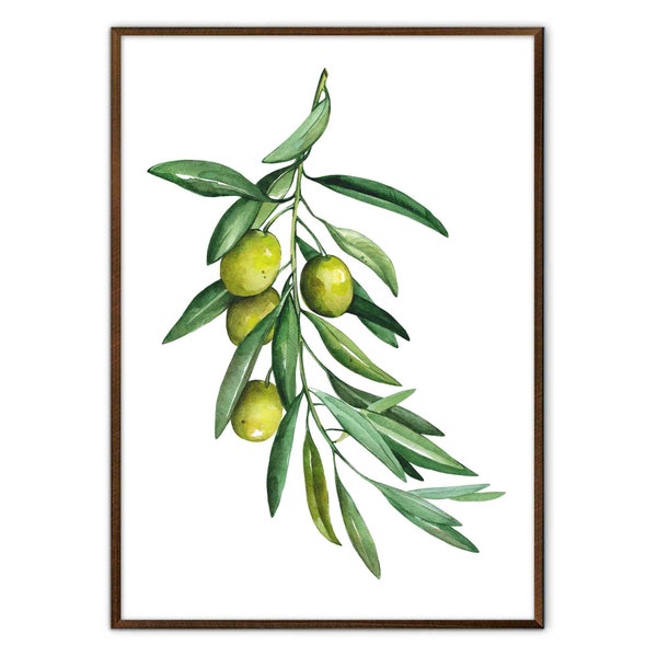 Olive Branch Watercolor Painting Neutral Botanical Art Print Olive Tree Art Vintage Food Poster Farmhouse Kitchen Wall Art by ArtPrintLeaf