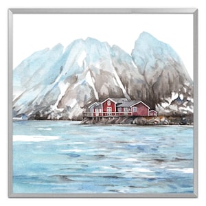 Norway Art Print Mountain Landscape Watercolor Painting Nordic Landscape Mountain Lake Wall Art Blue Scandinavian Wall Decor by ArtPrintLeaf
