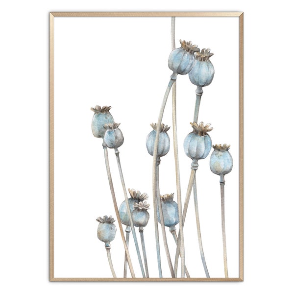 Poppy Art Print Botanical Painting Fall Floral Watercolor Painting Neutral Wildflower Poster Blue Minimalist Boho Wall Decor by ArtPrintLeaf