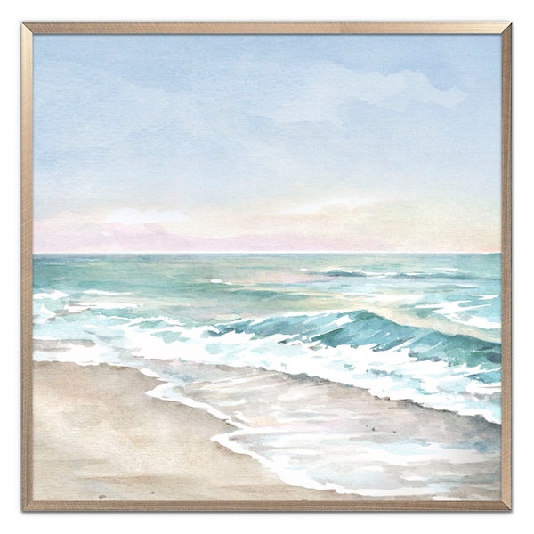 Beach Art Print Coastal Landscape Watercolor Painting Neutral Seascape Wall Art Ocean Coast Art Aqua Blue Green Wall Decor by ArtPrintLeaf