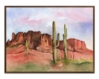 Arizona Painting Desert Art Print Arizona Landscape Watercolor Painting Sunset Art Saguaro Cactus Wall Art Brown Wall Decor by ArtPrintLeaf