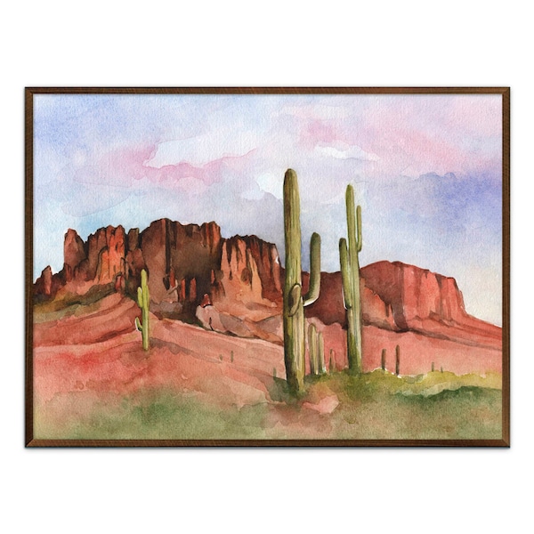 Arizona Painting Desert Art Print Arizona Landscape Watercolor Painting Sunset Art Saguaro Cactus Wall Art Brown Wall Decor by ArtPrintLeaf