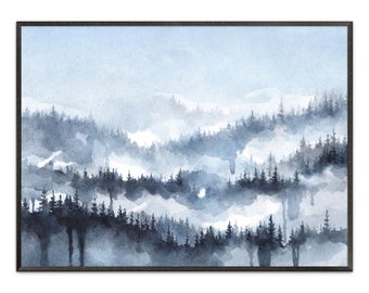 Mountain Forest Art Print Abstract Landscape Watercolor Painting Blue Mount Winter Landscape Wall Art Pine Trees Wall Decor by ArtPrintLeaf