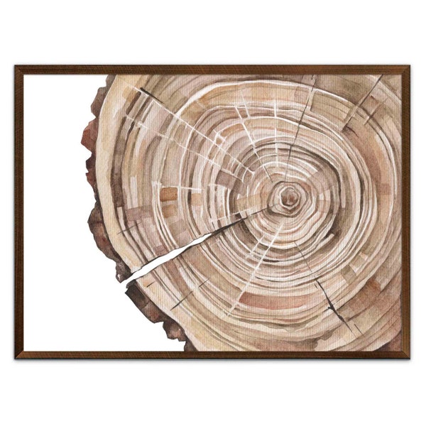 Tree Ring Art Print Abstract Floral Watercolor Painting Oak Tree Ring Wall Art Brown Big Tree Art Neutral Beige Wall Decor by ArtPrintLeaf