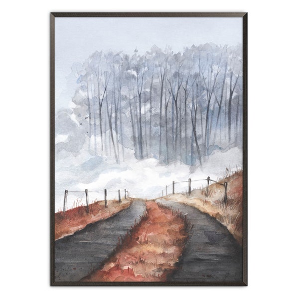 Foggy Landscape Art Print Fall Watercolor Painting Neutral Landscape Wall Art Moody Autumn Painting Gray Brown Wall Decor by ArtPrintLeaf