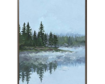 Forest Lake Painting Pine Trees Art Print Tahoe Lake Oil Painting Evergreen Forest Wall Art Smoky Landscape Spruce Poster by ArtPrintLeaf