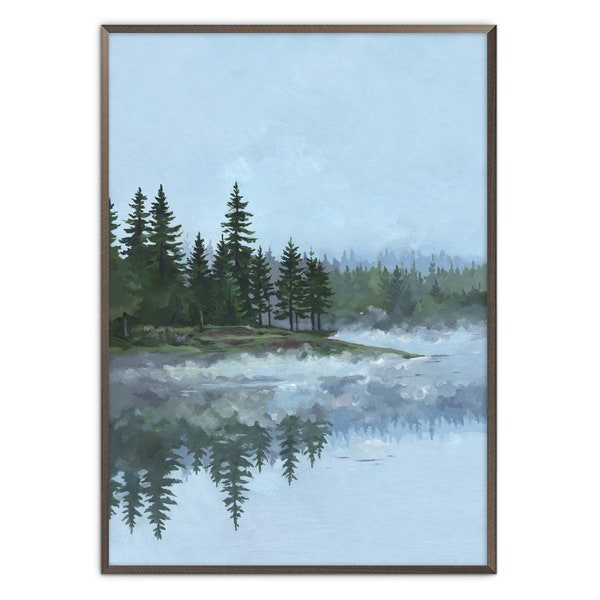 Forest Lake Painting Pine Trees Art Print Tahoe Lake Oil Painting Evergreen Forest Wall Art Smoky Landscape Spruce Poster by ArtPrintLeaf