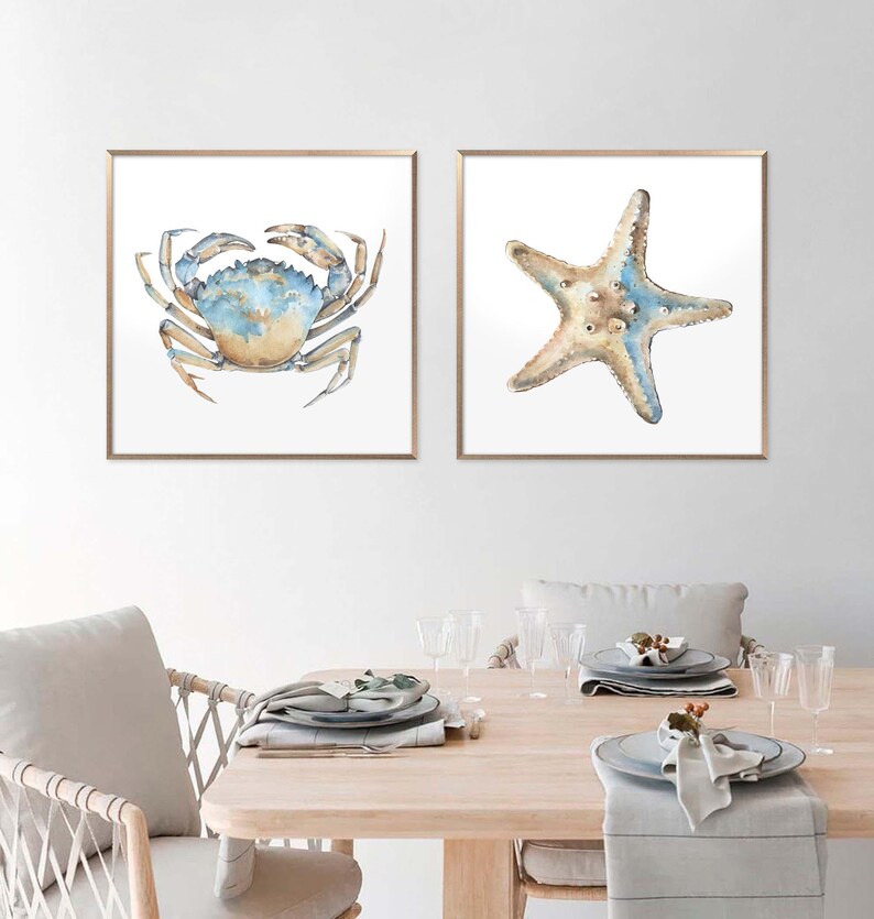 Sea Animal Set of 2 Prints Nautical Watercolor Painting Coastal Wall Art Neutral Beach House Poster Crab Print Starfish Art by ArtPrintLeaf image 5