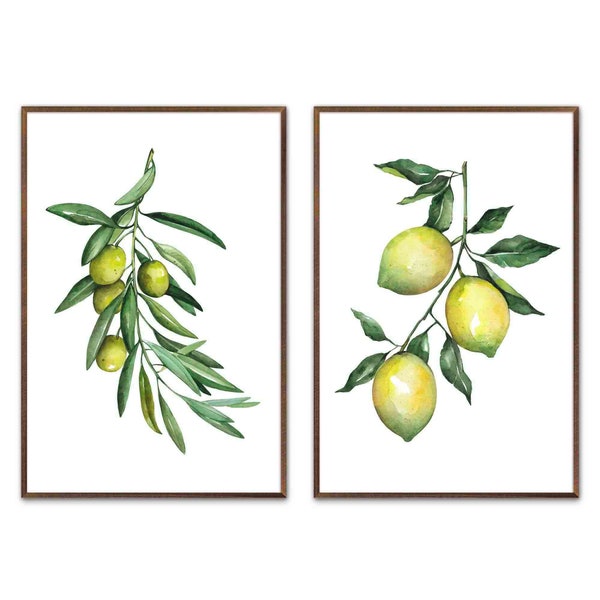 Kitchen Wall Art Botanical Watercolor Painting Vegan Food Set of 2 Prints Olive Branch Painting Lemon Art Fruit Art Print by ArtPrintLeaf