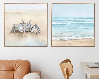 Coastal Art Print Beach Set of 2 Prints Neutral Seascape Watercolor Painting Crab Wall Art Coastline Print Beach House Decor by ArtPrintLeaf