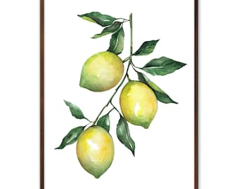 Lemon Art Print Yellow Fruit Watercolor Painting Vegan Food Poster Vintage Farmhouse Wall Art Citrus Art Kitchen Wall Art by ArtPrintLeaf