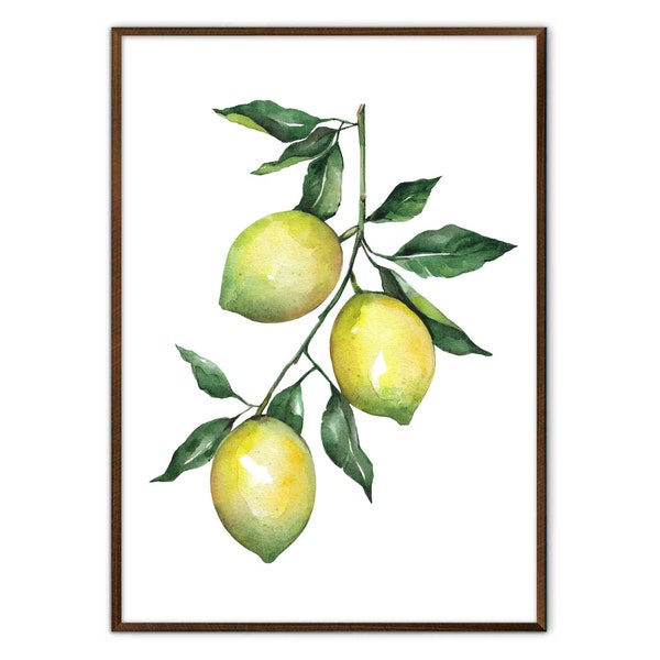 Lemon Art Print Yellow Fruit Watercolor Painting Vegan Food Poster Vintage Farmhouse Wall Art Citrus Art Kitchen Wall Art by ArtPrintLeaf