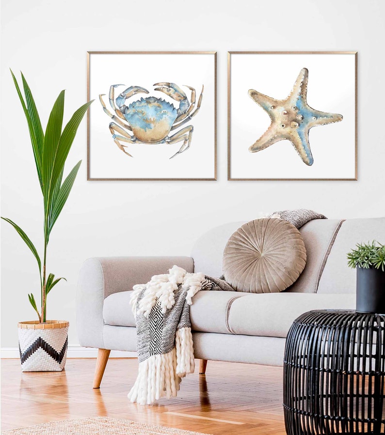 Sea Animal Set of 2 Prints Nautical Watercolor Painting Coastal Wall Art Neutral Beach House Poster Crab Print Starfish Art by ArtPrintLeaf image 4