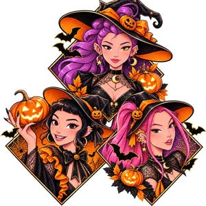 May include: A digital illustration featuring three witches with vibrant purple and pink hair, wearing black pointed hats adorned with orange pumpkins. Each witch is framed within a diamond shape, surrounded by bats, spiderwebs, and glowing jack-o'-lanterns.