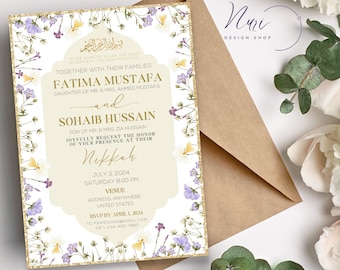 Floral Gold Muslim Wedding Invitation Digital, Modern Editable Nikkah Invite, Personalized Islamic Valima Reception Digital Printable