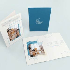 Cartão de Natal Lua Azul para Eid, Ramadã, Modelo Canva Cartão Eid, Cartão Eid Minimalista, Ramadã, Cartão Islâmico Download Digital