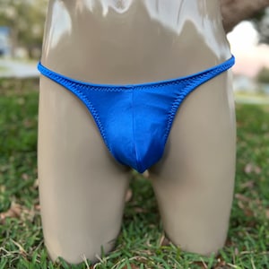 May include: A royal blue swimsuit with a low rise cut and thin straps. The swimsuit is made of a smooth, shiny fabric.