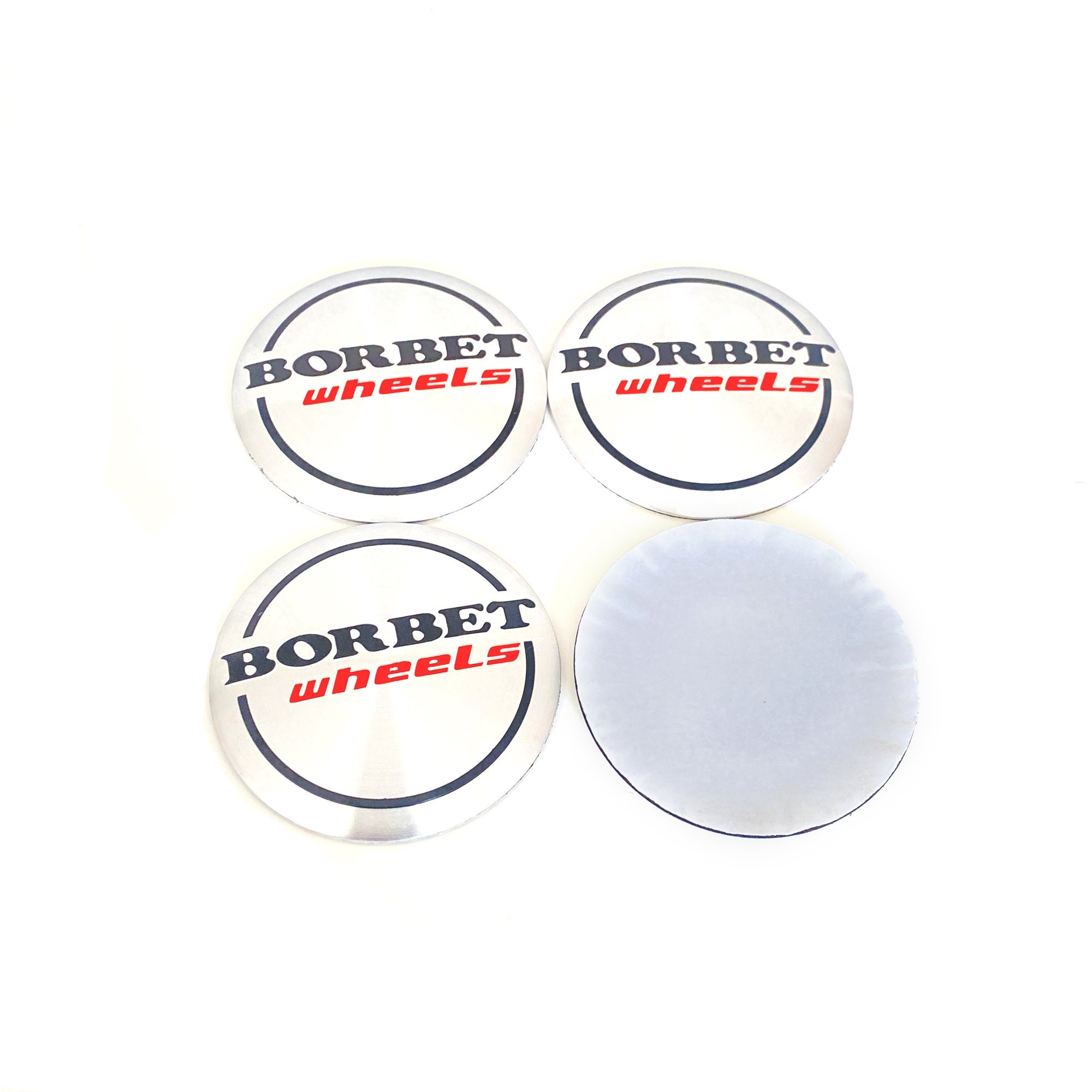 4 Stickers for BORBET WHEELS 56mm Chrome and Red Hubcaps 