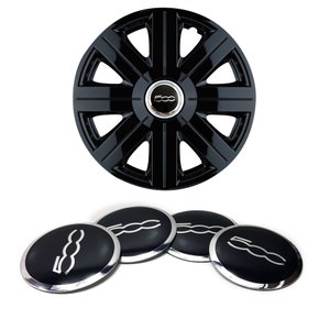 4 Stickers for Fiat 500 56mm black and chrome hubcaps