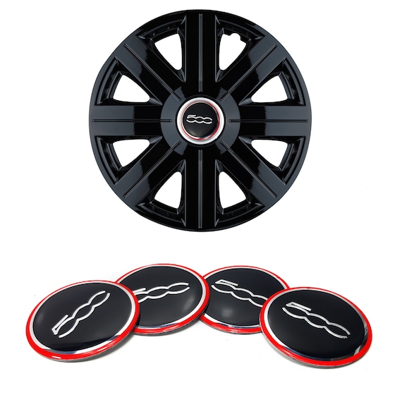 4 Stickers for Fiat 500 56mm Hubcaps Black and Red 