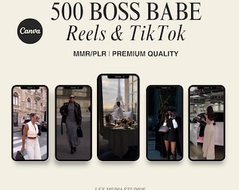 Puede incluir: Un collage de cinco imágenes que muestran diferentes escenas. La imagen superior presenta el texto "500 BOSS BABE Reels & TikTok MMR/PLR | PREMIUM QUALITY". Las cuatro imágenes restantes muestran a diferentes personas en diferentes entornos. La primera imagen muestra a una persona con una blusa blanca y jeans, sosteniendo una bolsa. La segunda imagen muestra a una persona con una chaqueta negra y pantalones. La tercera imagen muestra a una persona sentada en una mesa en una cafetería. La cuarta imagen muestra a una persona con un vestido negro y un sombrero. La quinta imagen muestra a una persona con una blusa blanca y jeans, de pie en un estacionamiento.