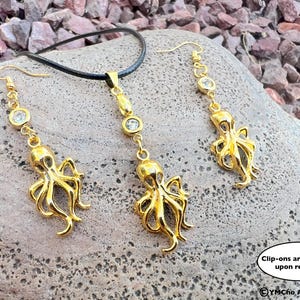 Gold octopus pendant and earrings, Gold octopus jewelry, Gold and crystal rhinestone octopus necklace and earrings, clip-ons available