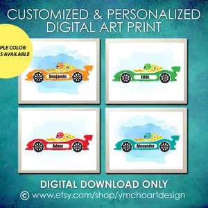 Race sports car art print, Racer art print, Race car name sign, Boys prints, customize and personalize, digital download