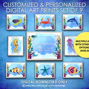 Personalized Nautical Nursery Art Prints: Ocean Animals Theme (Digital Download Set of 9)