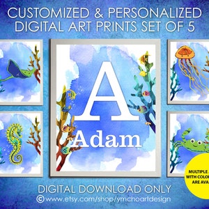 Set of 5 Nautical ocean and Under the Sea theme art prints, Single letter and name, Monogram, Personalized & customized, Digital download