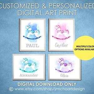 Rocking horse nursery art print for boys and girls, Rocking horse name sign, digital download, personalized & customized