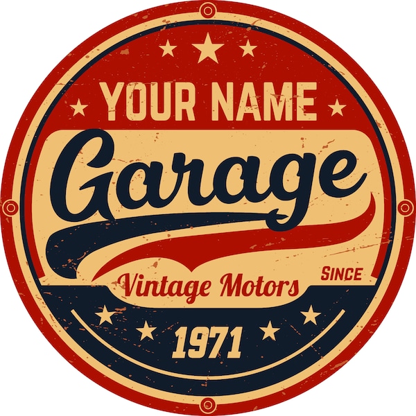 Personalized Antique-Inspired Round Garage Sign with Your Name and Year - made with Premium Aluminum Composite Metal (ACM)