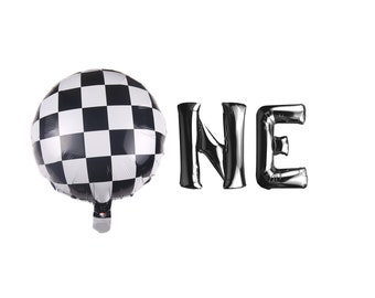 May include: A black and white checkered balloon with the word "ONE" spelled out in silver balloons.
