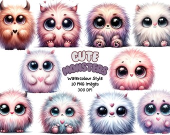Könnte beinhalten: Zehn Aquarell-Illustrationen von niedlichen, flauschigen Monstern mit großen Augen. Die Monster sind in verschiedenen Farben, darunter rosa, weiß und braun. Der Text "Cute Monsters" ist oben im Bild in Lila geschrieben.