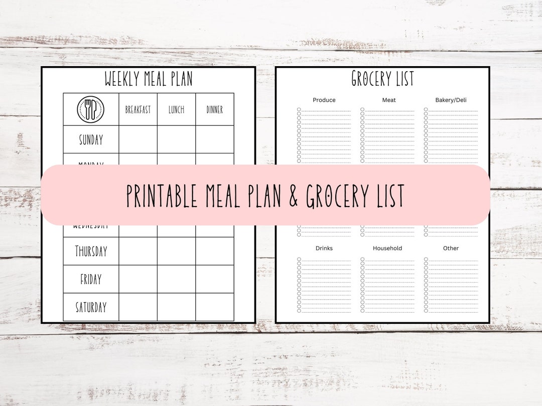 Printable Meal Plan and Grocery List Printable Meal Plan Printable