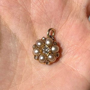 Natural pearl and old cut diamond cluster pendant