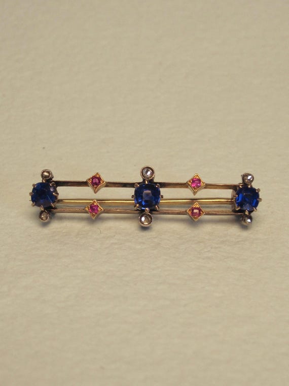 Antique Blue Doublet, Ruby and Diamond Brooch - image 1