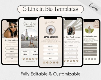 Puede incluir: Cinco plantillas de enlace en bio personalizables para redes sociales. Cada plantilla presenta una imagen de fondo diferente e incluye una foto de perfil, un nombre, un título, un enlace al sitio web, TikTok, Instagram y un blog. Las plantillas son totalmente editables y personalizables.