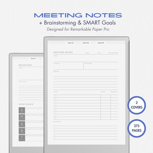 May include: A digital planner template for the Remarkable Paper Pro tablet. The template includes sections for meeting notes, brainstorming, and SMART goals. The template has 2 covers and 275 pages.
