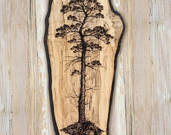 Pine Tree Large Wall Art, Original Hand Burned Art, Pyrography on large Rustic Live Edge Spalted Maple Wood.