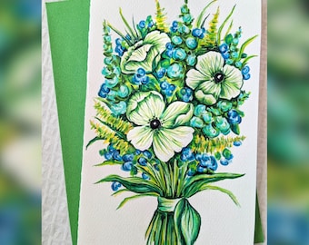 Handmade Original Watercolor and Pencil Vibrant Floral Bouquet Card